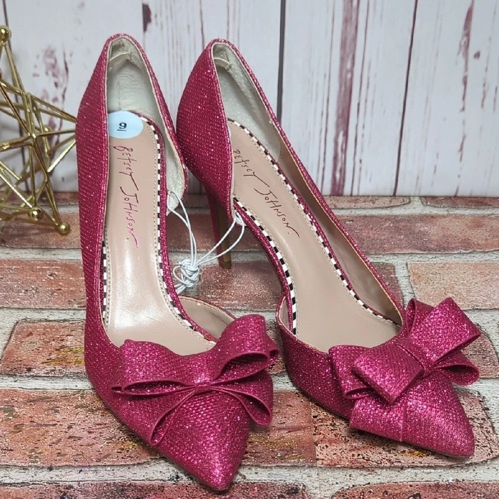 Betsey Johnson Pink Glitter Bow High Heels Party Birthday Coquette Girly 9 NWOT - Picture 5 of 15